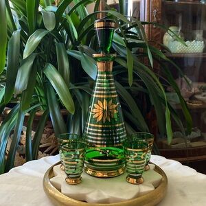 Vintage Green, Silver + Gold Floral Decanter Set with 4 Glasses - Retro 6pc Set